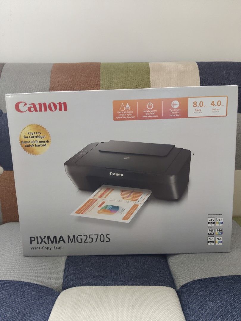 Canon PIXMA MG2570S Print-Copy-Scan Printer (Category: Printers, Scanners & Copiers) located in Rizal. Submitted by anyadrea (Listing ID 1460745588, Image 1). Description: - Brand New & Sealed Canon PIXMA MG2570S - All-in-One Functionality: Print, Copy, Scan - Hybrid Ink System for quality prints - Auto Power On feature - Includes PG-745 (Black) and CL-746 (Color) ink cartridges - Made in Vietnam.