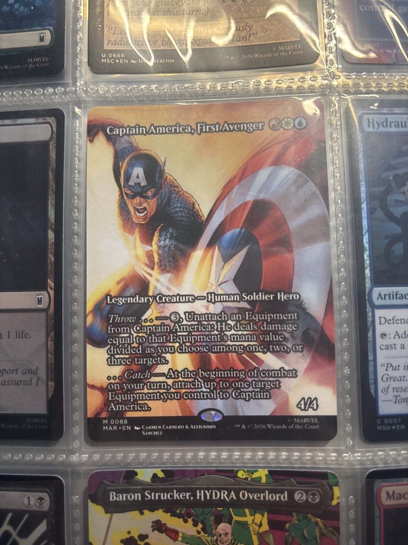 Captain America, First Avenger - Magic The Gathering Card (Category: Raw Singles) located in Manila. Submitted by lalali17 (Listing ID 1460814944, Image 1). Description: - Card: Captain America, First Avenger - Type: Legendary Creature - Human Soldier Hero - Power/Toughness: 4/4 - Ideal for: Marvel fans, Magic The Gathering collectors.