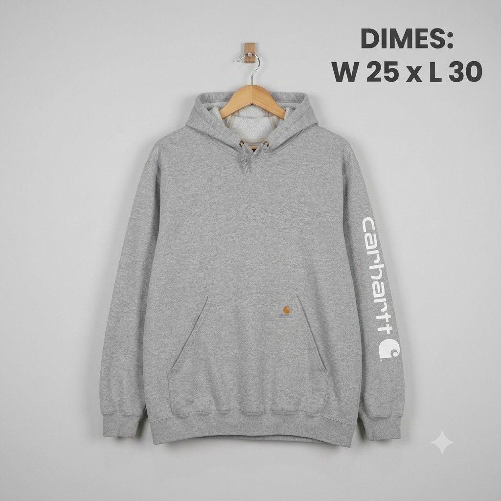 Carhartt Pullover Hoodie with sleeve logo (Category: Coats, Jackets and Outerwear) located in Manila. Submitted by nnthrift_ (Listing ID 1460869445, Image 1). Description: Heather grey Carhartt midweight sleeve-logo pullover hoodie (Style #K288), tagged width 25" x length 30" (approximate US XL/2XL fit).