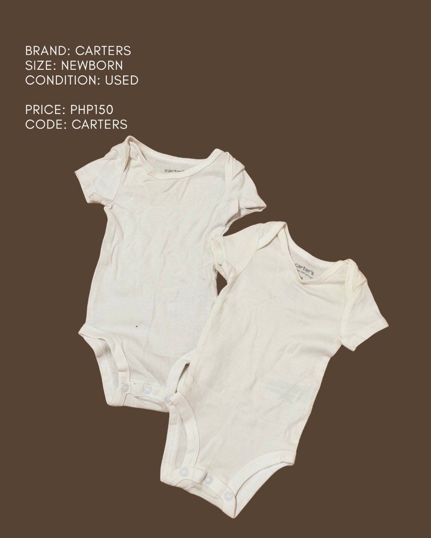 Carters Newborn White Onesies (2 pcs) (Category: Babies & Kids Fashion) located in Manila. Submitted by judyarmenta (Listing ID 1460866939, Image 1). Description: - Set of 2 white Carter's onesies - Perfect for newborns - Pre-loved, ready for a new home - Great for everyday wear or as a base layer - Easy snap closure at the bottom for diaper changes.
