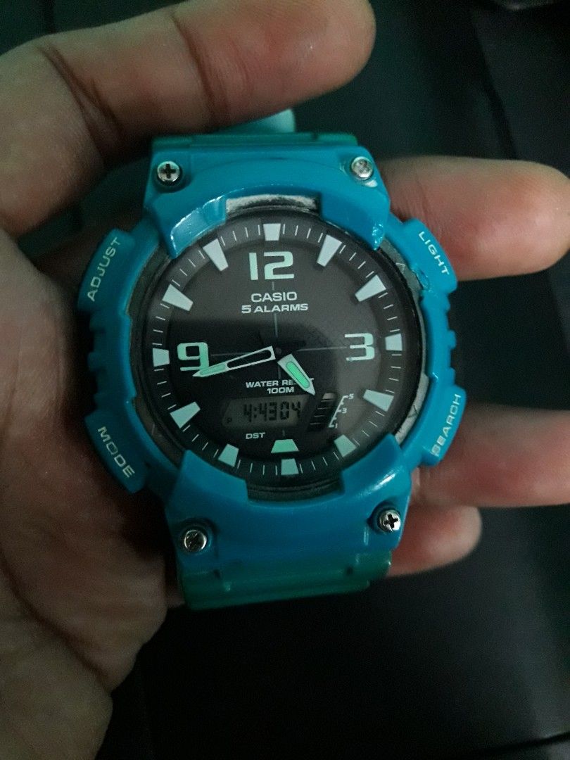 Casio G-Shock Analog-Digital Watch Teal (Category: Men's Watches) located in Paranaque City. Submitted by omaraguirre (Listing ID 1460763158, Image 3). Description: - Teal Casio G-Shock watch - Dual analog and digital displays - Water resistant up to 100 meters - Easy-to-use buttons: Light, Adjust, Mode, Search - Adjustable band for a comfortable fit - Ideal for everyday wear and sports activities.