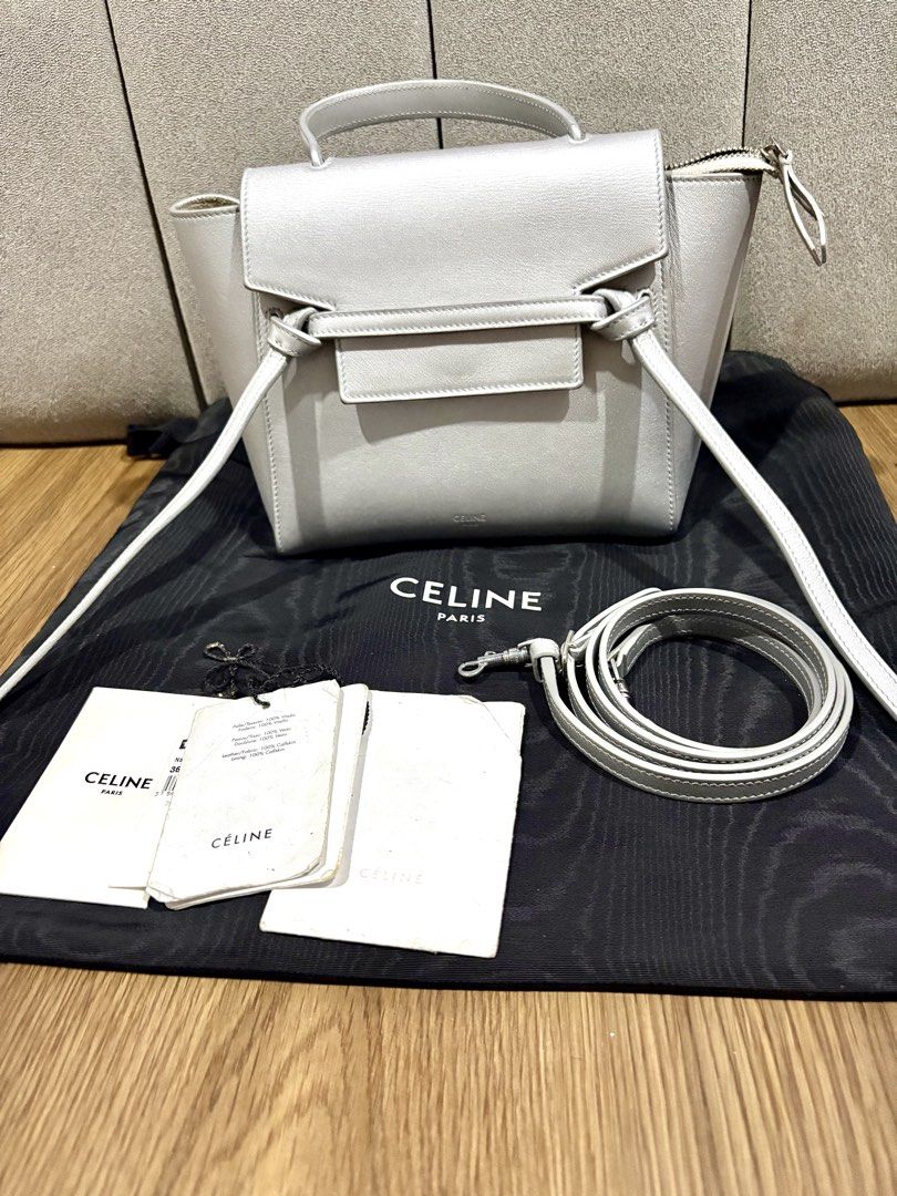 Celine Nano Belt Bag Silver Metallic Leather (Category: Luxury Bags & Wallets) located in Lucena. Submitted by lanatash (Listing ID 1460856901, Image 2). Description: - Authentic Celine Belt Bag - Cool Silver Metallic Finish - Signature Knot Detail - Detachable Shoulder Strap Included - Comes with Authenticity Cards & Dust Bag - Perfect for Dressing Up or Down.