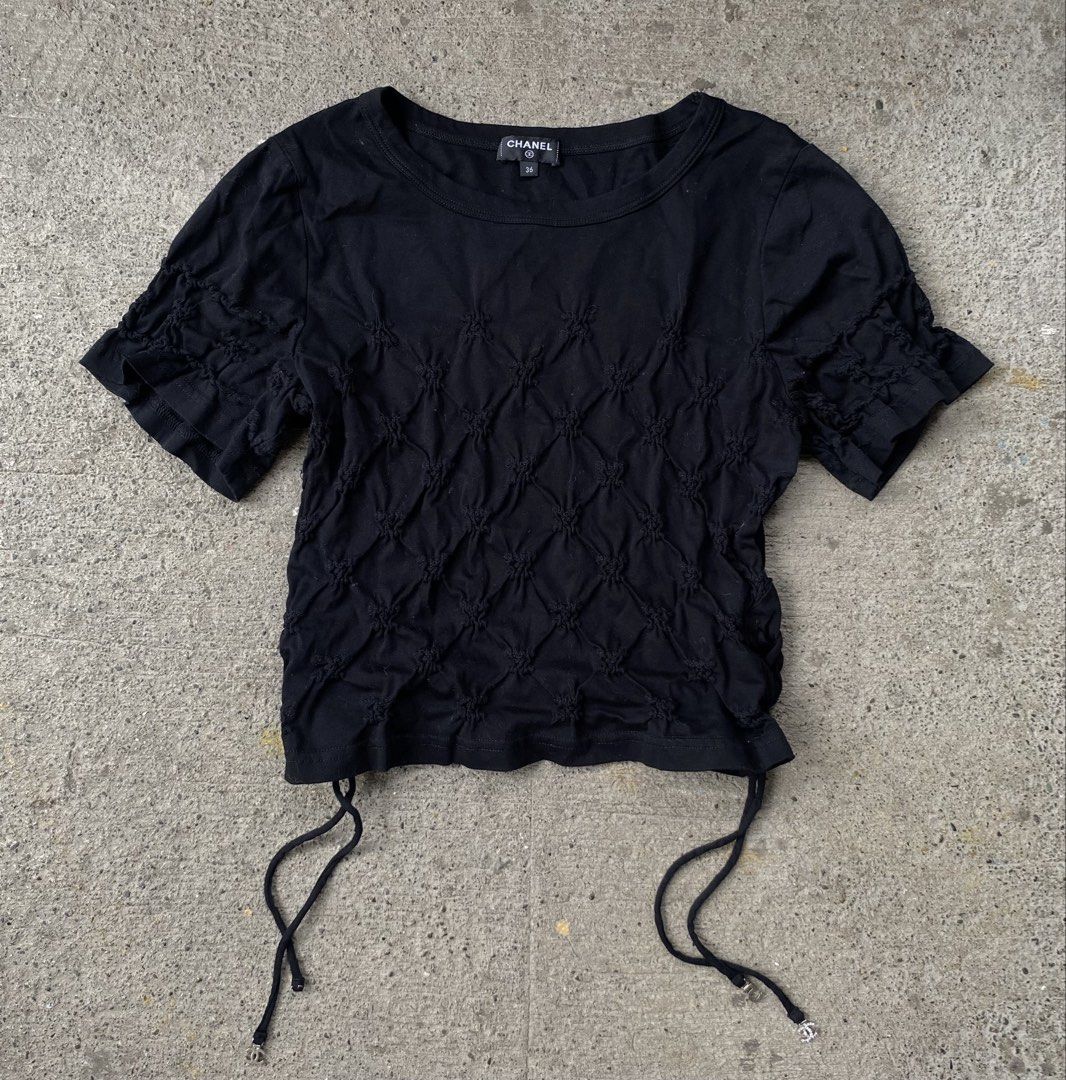 Chanel Cropped Summer T-Shirt (Category: Blouses) located in Kalibo. Submitted by bryaninosa20819 (Listing ID 1460805324, Image 1). Description: Chanel Cropped Summer T-Shirt Dimes : 14x17 Very Good Condition Color Rate 9.5/10 Need Wash .