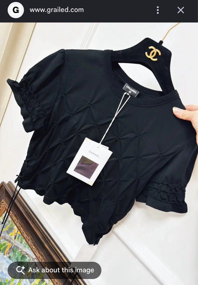 Chanel Cropped Summer T-Shirt (Category: Blouses) located in Kalibo. Submitted by bryaninosa20819 (Listing ID 1460805324, Image 2). Description: Chanel Cropped Summer T-Shirt Dimes : 14x17 Very Good Condition Color Rate 9.5/10 Need Wash .