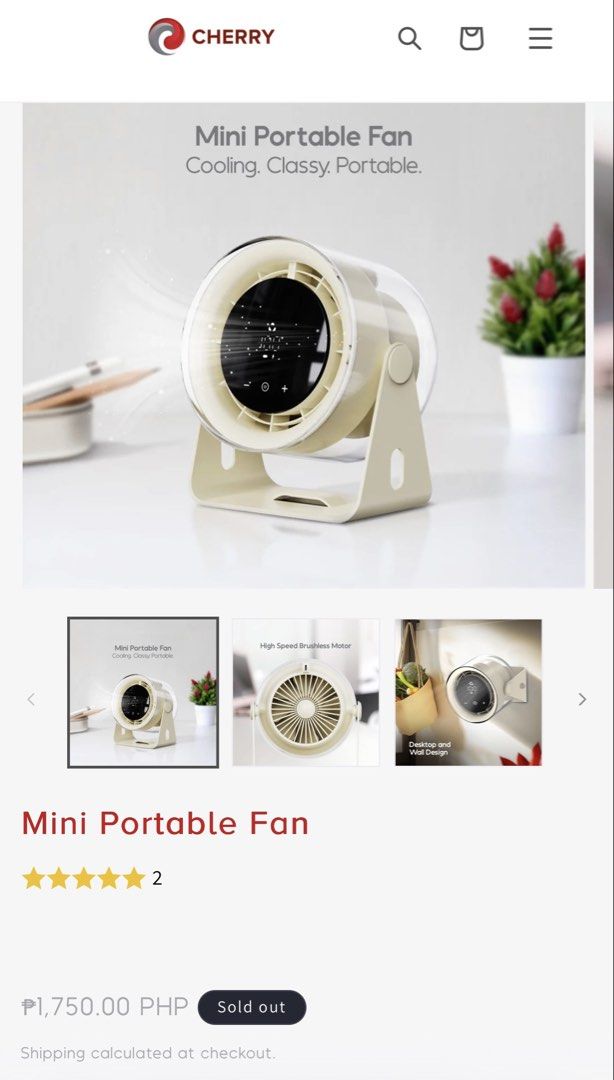 Cherry Mini Portable Fan (Category: Fans) located in Taguig. Submitted by onlyrovzky (Listing ID 1460803713, Image 3). Description: Original Price: ₱1,750 Location: Taguig City MOP: GCash / Bank Transfer Product Description: Air Circulation feature – maintains constant room temperature 4000mAh Battery Capacity Strong Wind High Speed Brushless Motor Elevation angle: 180-degree Multi-angle Design Desktop + Wall Design LED Display Type – C Charging 