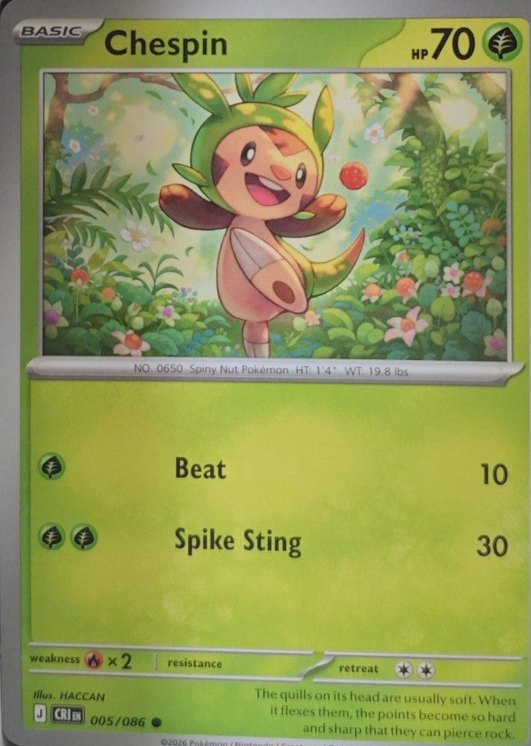 Chespin Pokemon Card 70 HP Grass Type (Category: Raw Singles) located in Las Pinas. Submitted by funtoys18 (Listing ID 1460735872, Image 1). Description: - Pokemon Card: Chespin - Type: Basic Grass - HP: 70 - Attacks: - Beat (10 damage) - Spike Sting (30 damage) - Weakness: Fire x2 - Features: Beautiful forest artwork - Ideal for: Pokemon collectors.