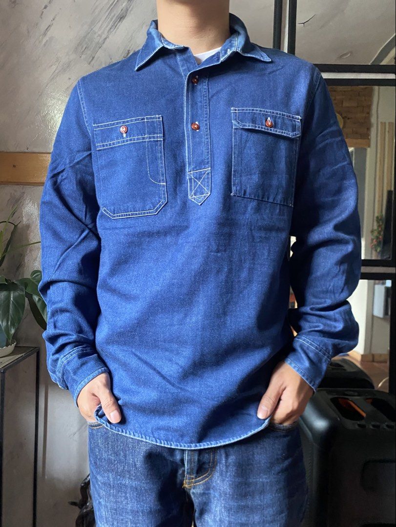 Clock House Collection Japan Pull Over Selvedge Shirt (Category: Coats, Jackets and Outerwear) located in Baguio. Submitted by archival.store (Listing ID 1460896417, Image 2). Description: Size tagged:M Issue:none Width:21 Length:27.5 Shoulder:18 Sleeve:25.