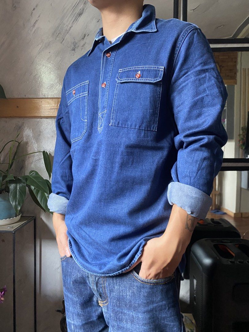 Clock House Collection Japan Pull Over Selvedge Shirt (Category: Coats, Jackets and Outerwear) located in Baguio. Submitted by archival.store (Listing ID 1460896417, Image 3). Description: Size tagged:M Issue:none Width:21 Length:27.5 Shoulder:18 Sleeve:25.