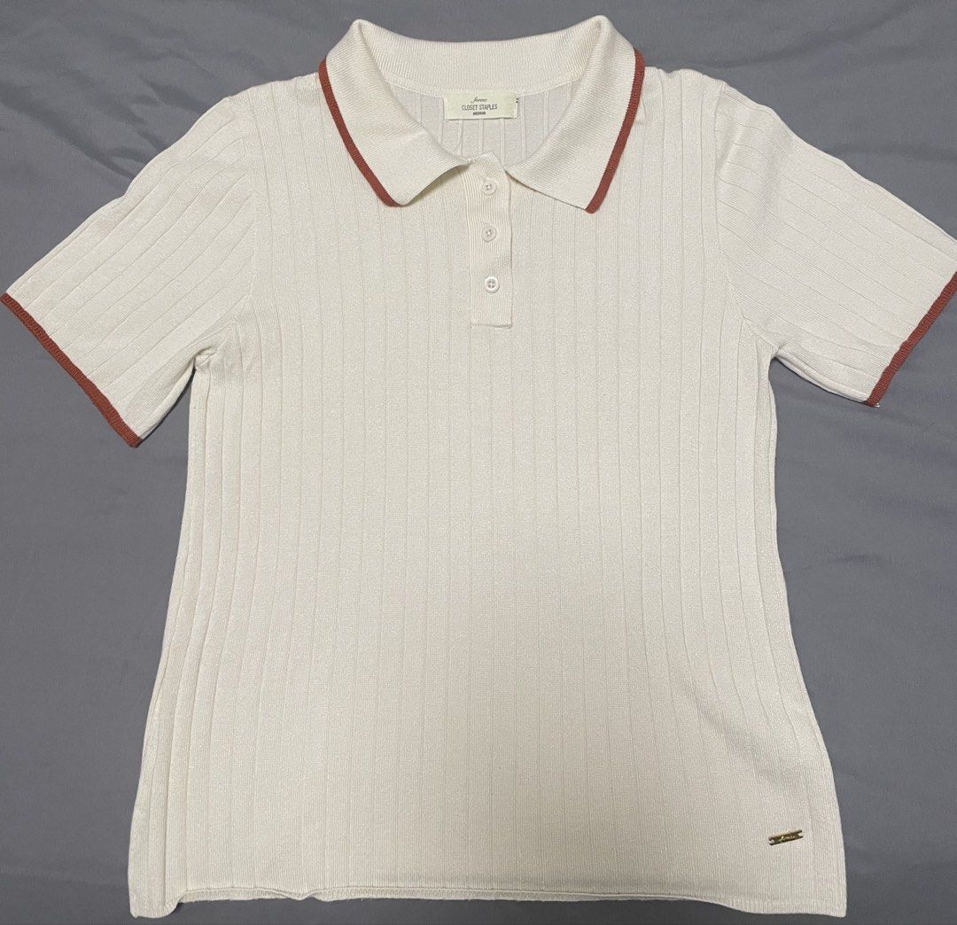 Forme Ribbed Knit Polo Shirt (Category: Blouses) located in Quezon City. Submitted by mfordma (Listing ID 1460884198, Image 1). Description: PRELOVED Doing a little closet decluttering! ✨ Letting go of some preloved pieces that are still in great condition and looking for a new home. 🤍 Brand: Forme Size: Medium Color: Cream Description: - Ribbed soft knit stretchable polo shirt - Features short sleeves and a classic collar with rust colored trim