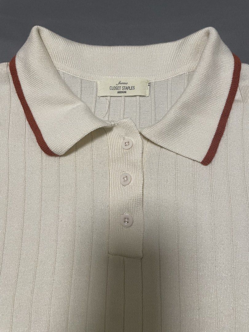 Forme Ribbed Knit Polo Shirt (Category: Blouses) located in Quezon City. Submitted by mfordma (Listing ID 1460884198, Image 2). Description: PRELOVED Doing a little closet decluttering! ✨ Letting go of some preloved pieces that are still in great condition and looking for a new home. 🤍 Brand: Forme Size: Medium Color: Cream Description: - Ribbed soft knit stretchable polo shirt - Features short sleeves and a classic collar with rust colored trim