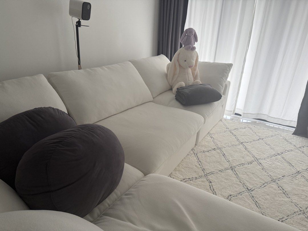 Cloud couch modular sofa (Category: Sofas) located in Singapore. Submitted by v3rn_ (Listing ID 1460791055, Image 3). Description: Modular sofa that can be rearranged into a bed. Attached are some of the ways i’ve used the sofa. The cushion filling is a mix of foam, cotton, and down, so as to give it some structure and support. Fabric is cotton and linen. Cushion covers are removable for easy cleaning Bought in May, barely used. No damages, no st