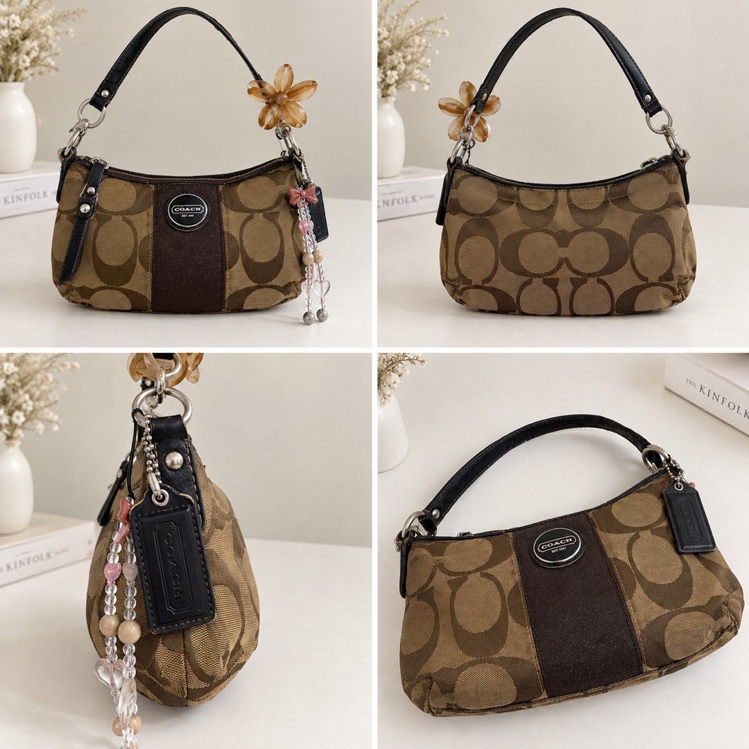 Coach Monogram Shoulder Bag with Charms (Category: Luxury Bags & Wallets) located in Taguig. Submitted by shastaamar44501 (Listing ID 1460737181, Image 1). Description: 🤎 PRELOVED COACH VINTAGE SIGNATURE SHOULDER BAG | ₱2500 Selling my preloved vintage Coach Signature shoulder bag 🤎 Classic brown/tan Signature “C” jacquard canvas with dark brown leather details, Coach logo plaque, silver-tone hardware, and cute floral + beaded charms attached. 