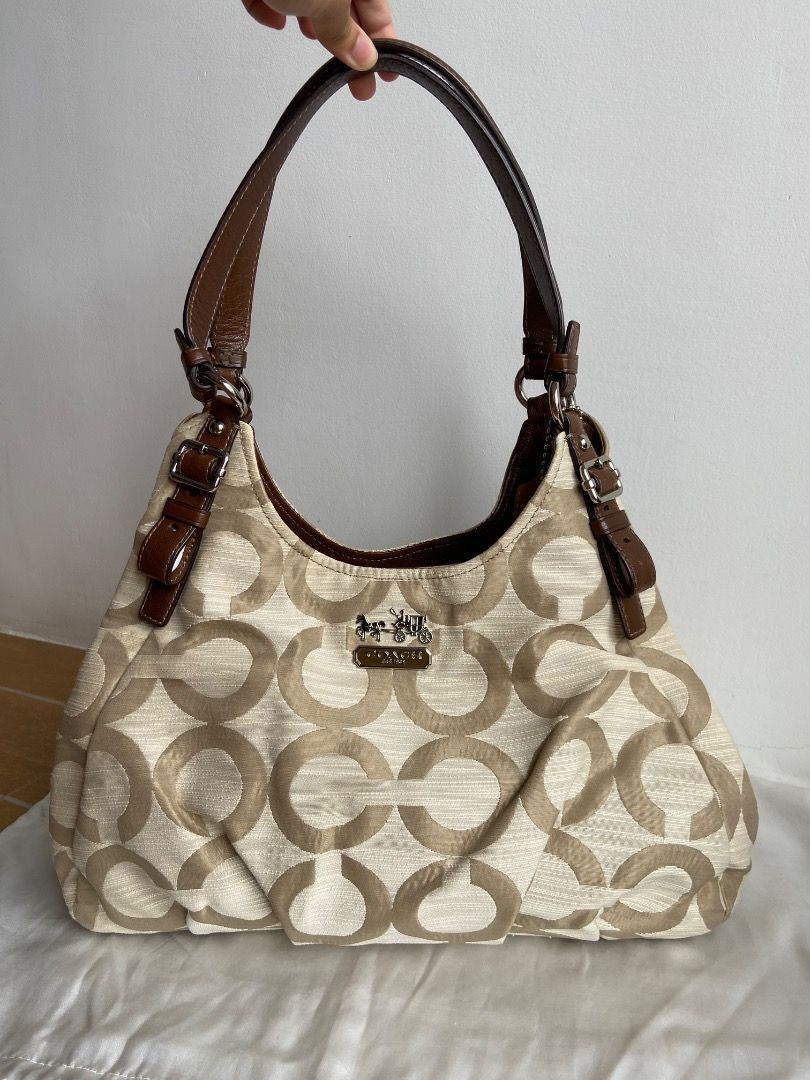 Coach Signature Hobo Bag (Category: Luxury Bags & Wallets) located in Caloocan City. Submitted by _arabellasapparel (Listing ID 1460808777, Image 1). Description: - Coach hobo bag with signature C monogram pattern - Beige and brown colorway - Genuine leather trim and handles - Interior includes pockets and a zip compartment - Secure magnetic snap closure - Ideal for everyday carry 📌 Condition: Good pre-loved condition 📌 Issue: Has minimal signs
