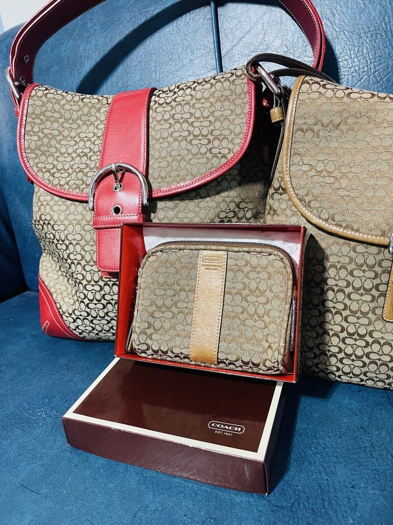 Coach Signature Patchwork Handbag & Wallet Set (Category: Luxury Bags & Wallets) located in Manila. Submitted by lenilynloy68852 (Listing ID 1460898820, Image 3). Description: Coach signature patchwork shoulder bag and matching zip-around wallet. Cream, silver, and white colorway. The bag has a crossbody strap. The wallet is a good size for essentials. Both pieces have the classic Coach monogram pattern..