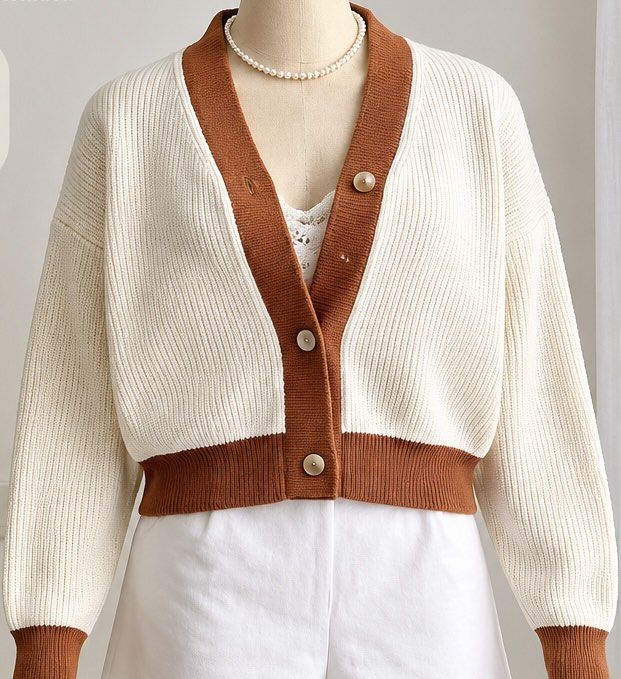 Cream & Brown Knit Cardigan (Category: Coats, Jackets and Outerwear) located in Cavite. Submitted by ynahmo (Listing ID 1460789663, Image 1). Description: - Cream knit cardigan - Brown trim details - Gold front buttons - Ideal for layering - Paired best with shorts or high waisted pants - Size: Medium to Semi-large - Inner & shorts not included.