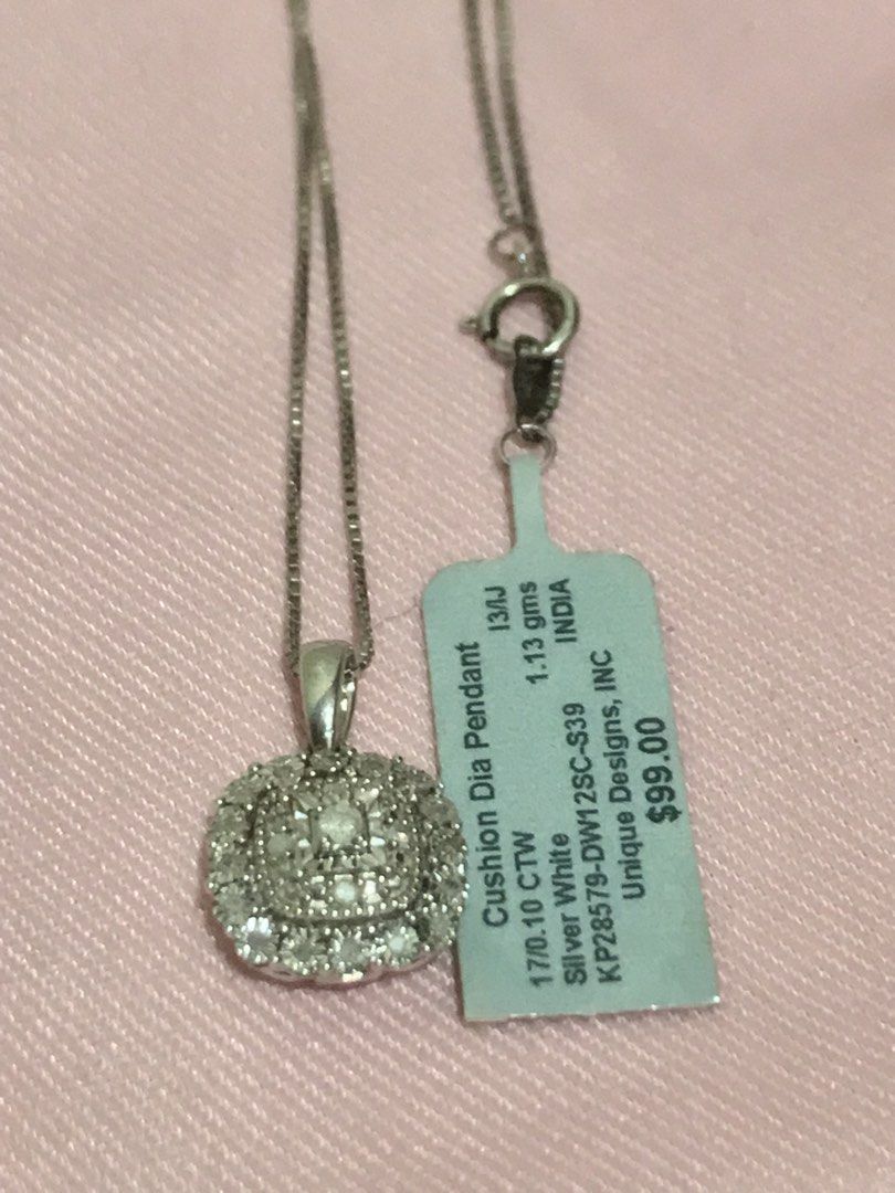 Cushion Diamond Pendant Silver Necklace (Category: Necklaces) located in Pasig City. Submitted by midnightsun08 (Listing ID 1460893447, Image 3). Description: Kept Unused Cushion Diamond Pendant Silver Necklace 17/0.10 CTW (Carat Total Weight) I3/IJ clarity Silver Bought in Las Vegas, US I believe Made in India *Not sure if Diamonds are lab grown or not But when tested, it did pass..