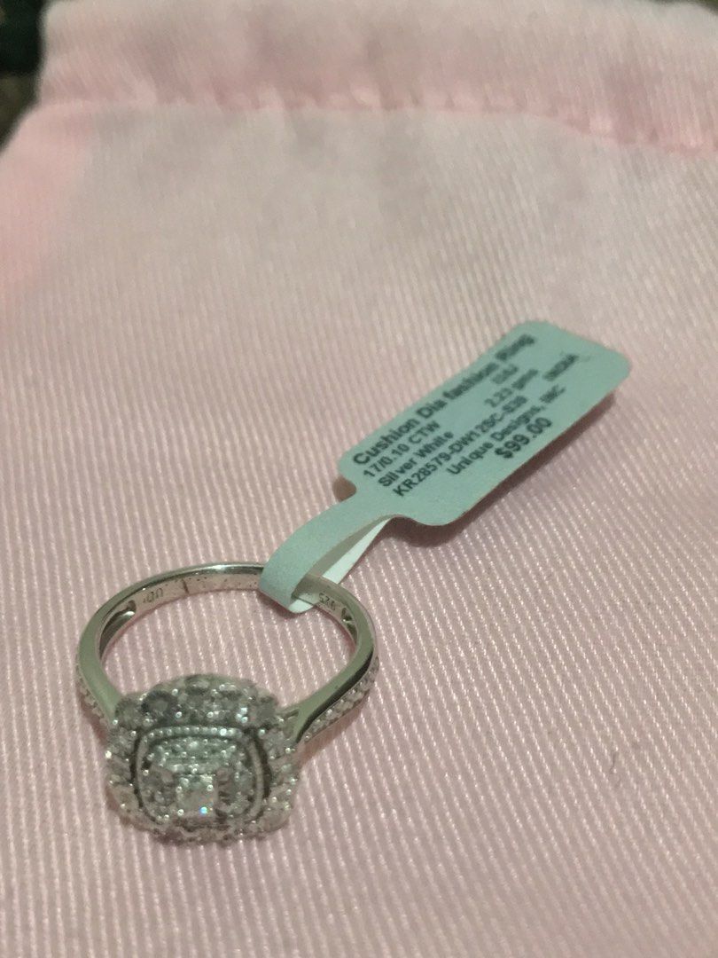 Cushion Diamond Ring (Category: Rings) located in Pasig City. Submitted by midnightsun08 (Listing ID 1460892796, Image 2). Description: Kept Unused Cushion Diamond Silver Ring 17/0.10 CTW (Carat Total Weight) I3/IJ clarity Silver Bought in Las Vegas, US I believe Made in India *Not sure if Diamonds are lab grown or not But when tested, it did pass..