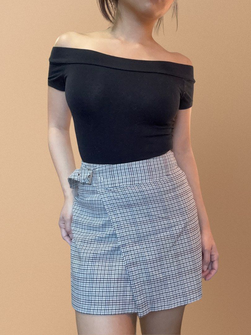 Cute Top and Skir Set (Category: Sets or Coordinates) located in Quezon City. Submitted by kkfee_ (Listing ID 1460792336, Image 2). Description: TOP AND SKIRT SET - Off-the-shoulder black top - Plaid wrap skirt with buckle detail - Size: S (US 4 / UK 8 / EU 36) - Condition: Excellent - Style: Cute and chic set.