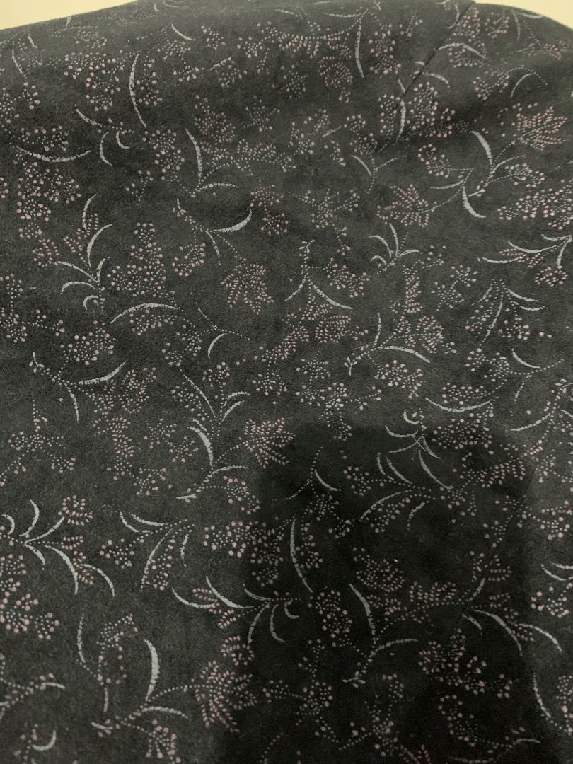 Dark Floral Fabric with Pink and White Pattern (Category: Other Bottoms) located in Caloocan City. Submitted by missymisskz (Listing ID 1460899130, Image 3). Description: - Dark fabric with a delicate floral pattern - Features small pink flowers and white stems scattered all over - Slightly textured material - Ideal for crafting or sewing projects - Generous amount of fabric provided.