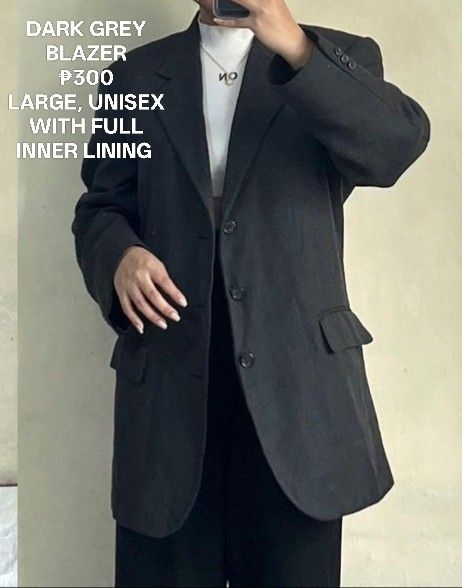 Dark Grey Blazer (Category: Coats, Jackets and Outerwear) located in Manila. Submitted by shashop66659 (Listing ID 1460904479, Image 1). Description: Large. Unisex. With full inner ling and functional pockets. Manila City.