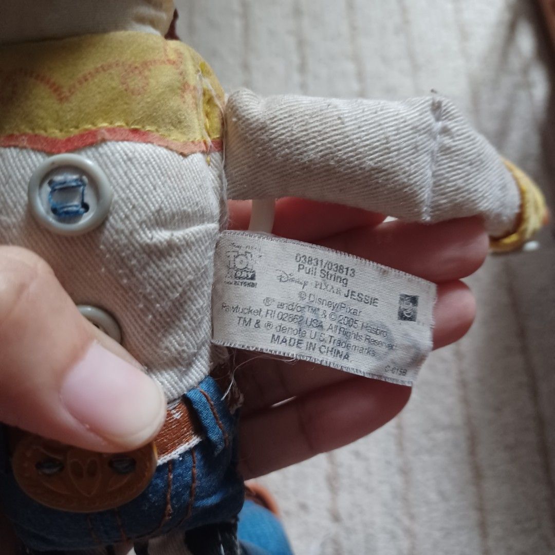 Disney Pixar Toy Story Jessie Pull String Doll (Category: Figurines & Statues) located in Silang. Submitted by EkonomikaPH (Listing ID 1460778059, Image 3). Description: Jessie of Toy Story SELF AUTHENTICATE based on research, this is a Hasbro model 03831 doll No batt cover No sounds As Is Untested Pass sa lowballers NO reasonable offer, NO Reply ❤️SUBMIT the stated price using the MAKE OFFER tab For decisive buyers only ALL photos posted Bawal s