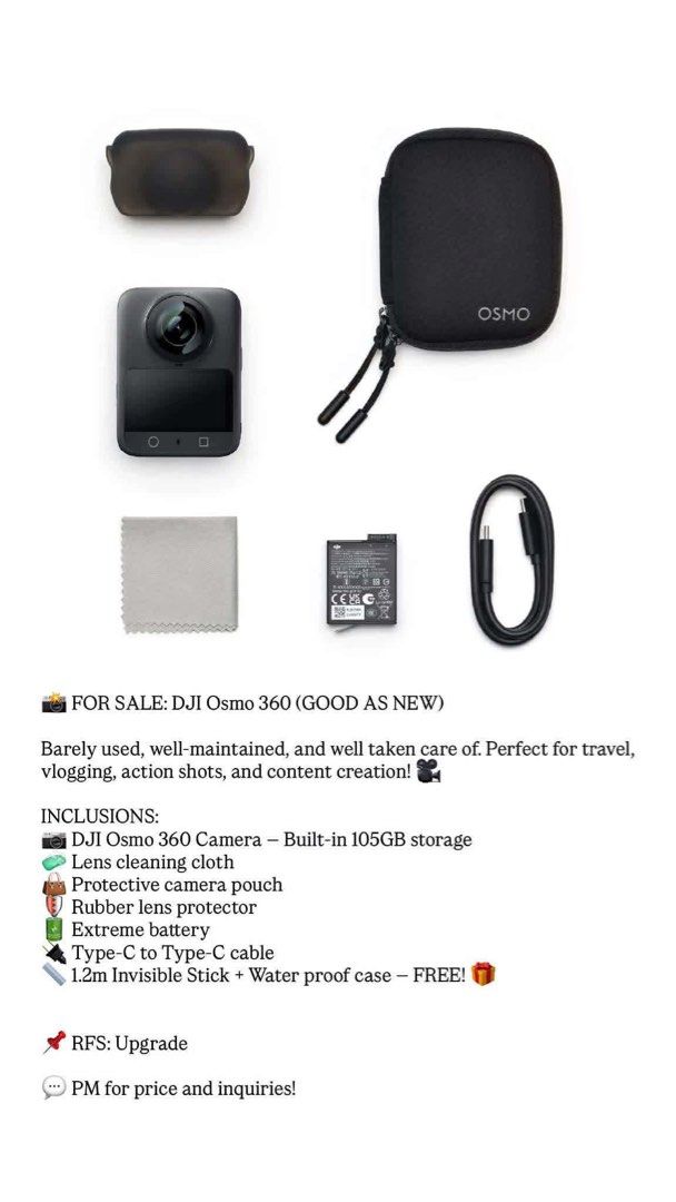 Dji osmo 360 (Category: Cameras) located in Manila. Submitted by swiftphoenix_ca980e (Listing ID 1460799616, Image 1). Description: INCLUSIONS: •i DJI Osmo 360 Camera - Built-in 105GB storage Lens cleaning cloth Protective camera pouch Rubber lens protector Extreme battery Type-C to Type-C cable 1.2m Invisible Stick + Water proof case - FREE! C.