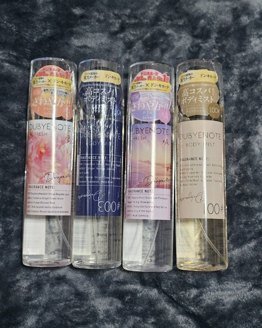 Dubyenote Body Mist (Category: Fragrance & Deodorants) located in Manila. Submitted by veevs. (Listing ID 1460816020, Image 1). Description: Dubyenote body mist purchased from Japan made in UAE - Each bottle is 100ml - Scents avail: Re:Fresh (Peach Blossom), #003 (Blue), Re:Fresh (Purple Sunset), #OO1 (Light Beige) Loc: manila .