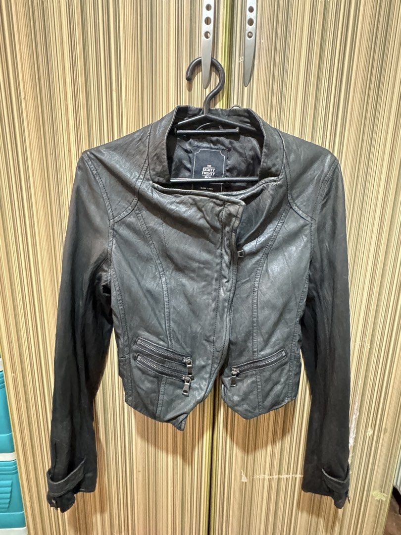 Eighty Twenty Two Crop Leather Jacket (Category: Coats, Jackets and Outerwear) located in Manila. Submitted by chie04_875 (Listing ID 1460729255, Image 1). Description: -Black leather cropped jacket - SIZE: XS -In good condition - No issues - From The Eighty Twenty - Zip details on pockets and sleeves - Asymmetrical zip front closure - Collar can be worn up or down - Ideal for layering.