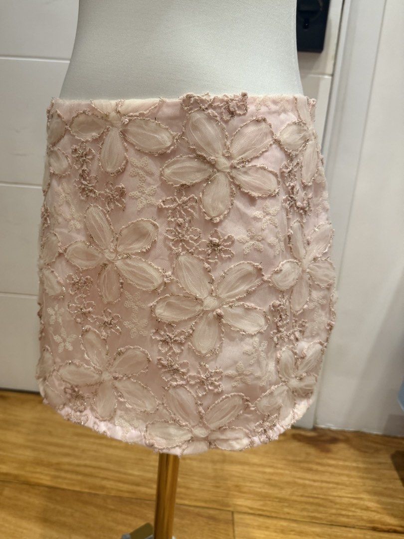 Embroidered Beaded Pink Mini Skirt Coquette (Category: Skirts) located in Quezon City. Submitted by kristinascl0set (Listing ID 1460903370, Image 3). Description: Bought it from a Vietnamese brand! Still with tag! Has built in inner shorts! Message for more pics!! Brandy Melville Edikted Aritzia .