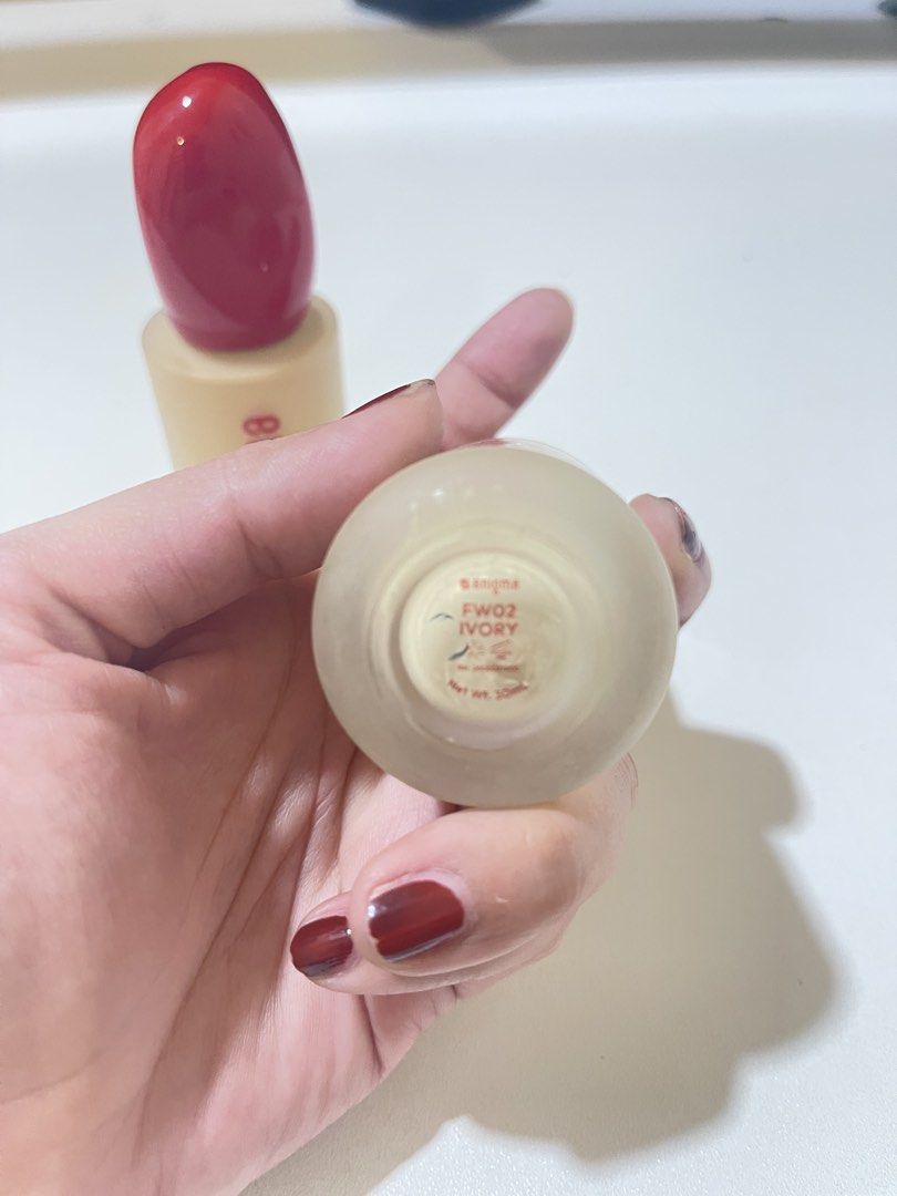 Enigma FW02 Ivory Foundation (Category: Makeup) located in Paranaque City. Submitted by timzells (Listing ID 1460718985, Image 2). Description: - Enigma Foundation - Shade: FW02 Ivory - Packaging: Frosted glass bottle with red cap - Net Weight: 30ml - Ideal for: Everyday wear - Reason for selling: Too many foundations.