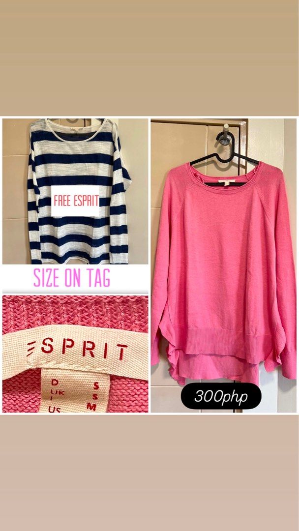 Esprit Striped Long Sleeve Top & Pink Sweater (Category: Longsleeves) located in Las Pinas. Submitted by blessedpaoline04 (Listing ID 1460865979, Image 1). Description: - Bundle of two Esprit long-sleeved tops - Size: Medium - Item 1: White and navy striped long-sleeved shirt - Item 2: Bright pink long-sleeved sweater - Great versatile pieces for your wardrobe.