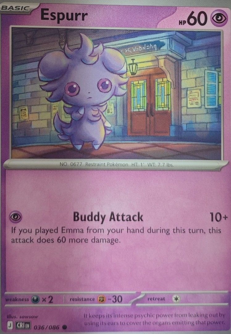 Espurr Pokemon Card - Basic, Psychic Type (Category: Raw Singles) located in Las Pinas. Submitted by funtoys18 (Listing ID 1460738193, Image 1). Description: - Pokemon Card: Espurr - Card Number: 036/086 - Type: Psychic - HP: 60 - Attack: Buddy Attack (10+ damage) - Weakness: Fighting - Resistance: -30 - Great for collectors!.