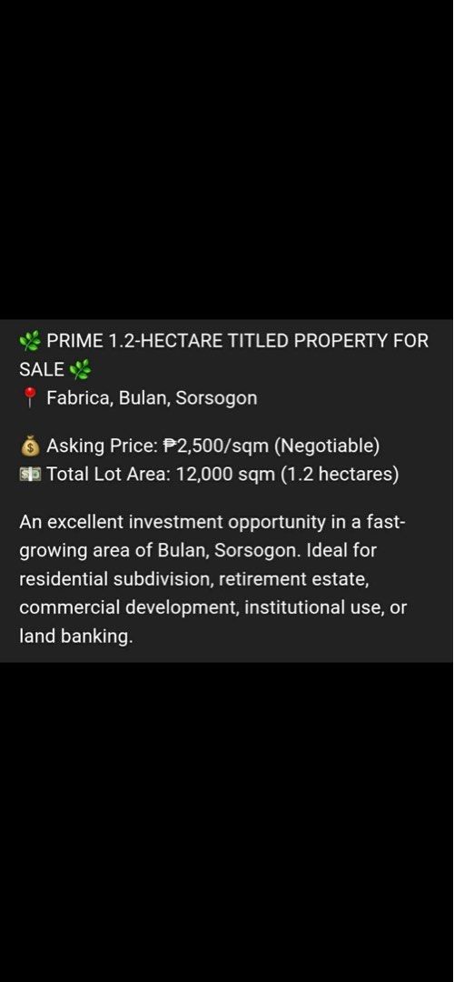 Fabrica Bulan Sorsogon (Category: Lot) located in Quezon City. Submitted by kitthartic (Listing ID 1460773666, Image 1). Description: 2,500/square Interested? Please message or call 09159948303/09566793713 .