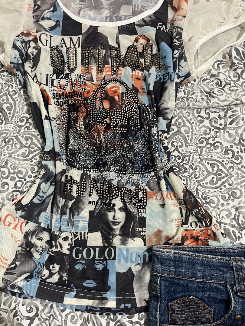 Fashion Graphic Print Mesh Top (Category: Others Tops) located in Aringay. Submitted by loaf_thrifts (Listing ID 1460860414, Image 2). Description: - Graphic print mesh top with sheer sleeves - Rhinestone and bold text details on top - Dark wash denim shorts with cuffed hem - Studded details on shorts - Ideal for casual outings or night events - Unique and eye-catching style.