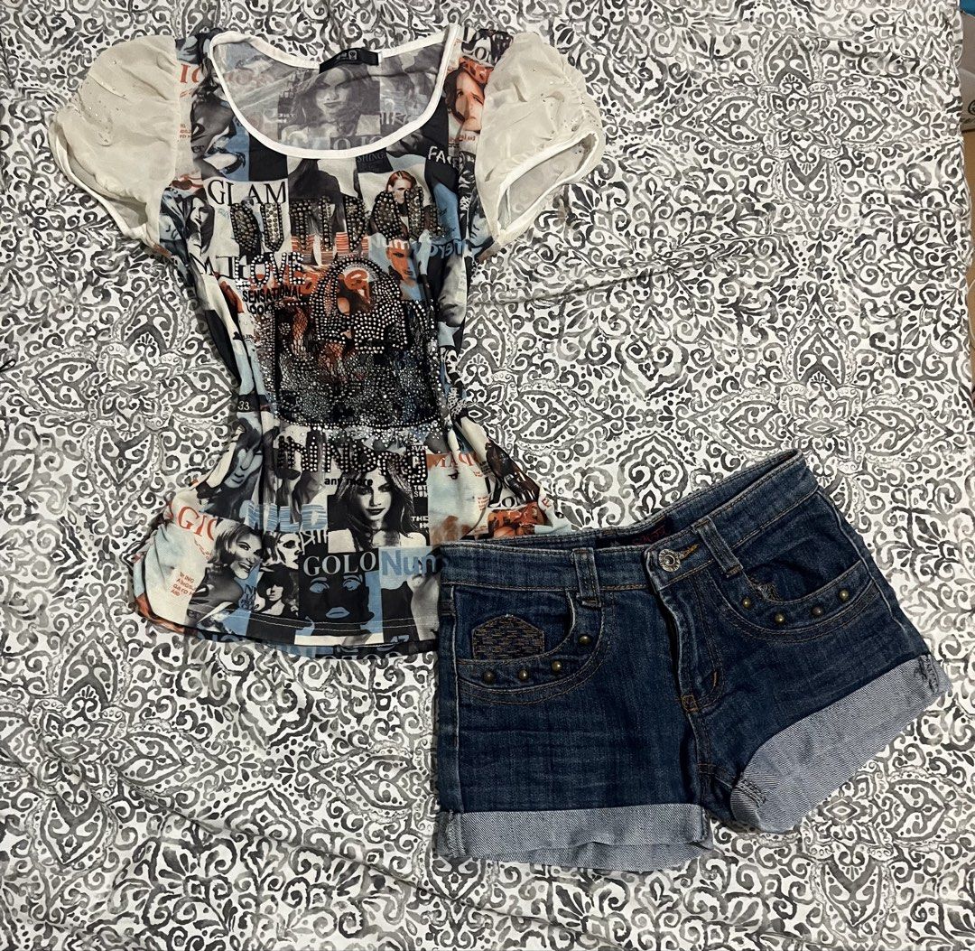Fashion Graphic Print Mesh Top (Category: Others Tops) located in Aringay. Submitted by loaf_thrifts (Listing ID 1460860414, Image 1). Description: - Graphic print mesh top with sheer sleeves - Rhinestone and bold text details on top - Dark wash denim shorts with cuffed hem - Studded details on shorts - Ideal for casual outings or night events - Unique and eye-catching style.