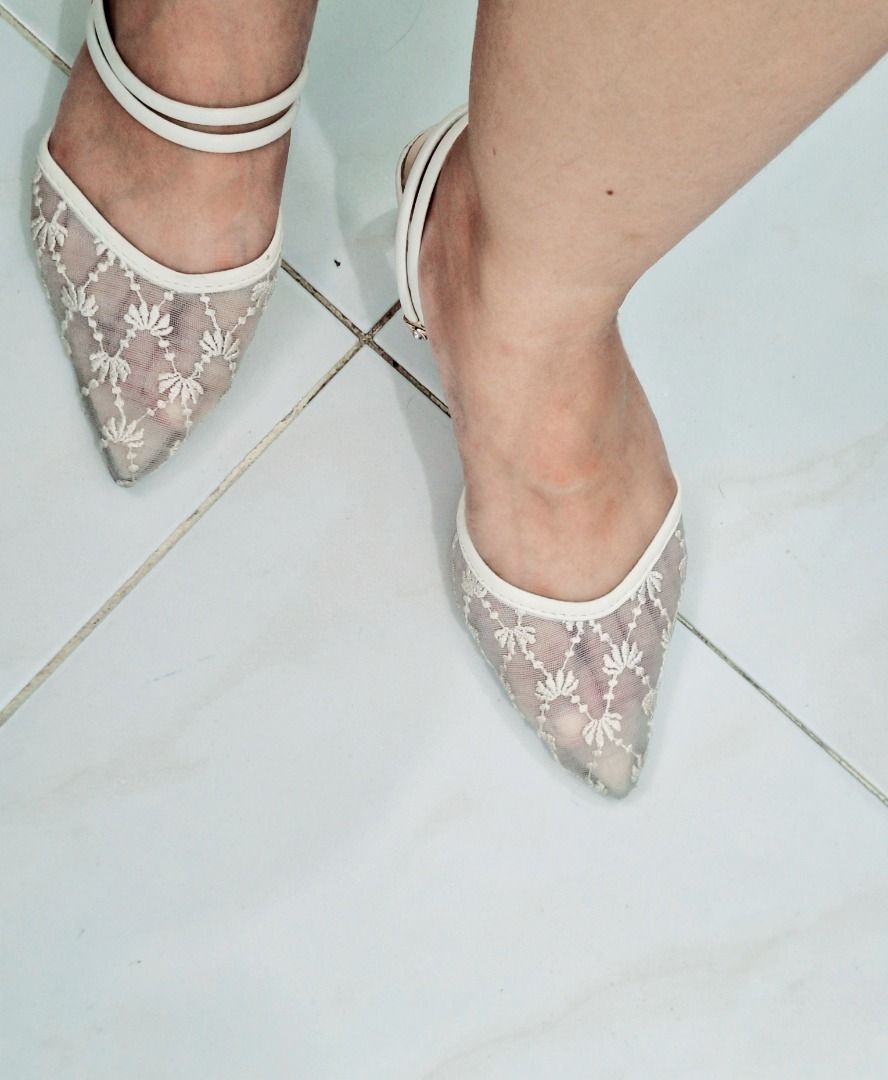 Fashion Lace Pointed Toe Mules with Double Strap (Category: Flats & Sandals) located in Quezon City. Submitted by camille_cr (Listing ID 1460730873, Image 3). Description: - Elegant cream-colored mules - Delicate lace overlay - Chic pointed toe - Comfortable low block heel - Secure double criss-cross straps - Easy slip-on style - Perfect for dressing up or down.