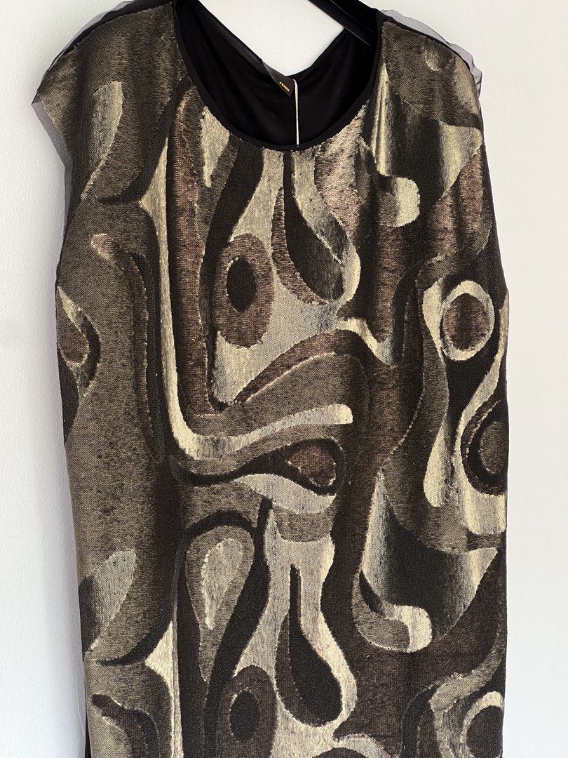 Fendi Art Deco embro shift dress (Category: Luxury Apparel) located in Quezon City. Submitted by raccoonfur (Listing ID 1460754126, Image 2). Description: Fendi psychedelic sequin tunic short dress or long top. Great condition. Incredible texture and art deco pattern. Flat measurements: Pit to pit 57.5cm/22.5in Length 85cm/33.5in Shoulders 57cm/22.5in.