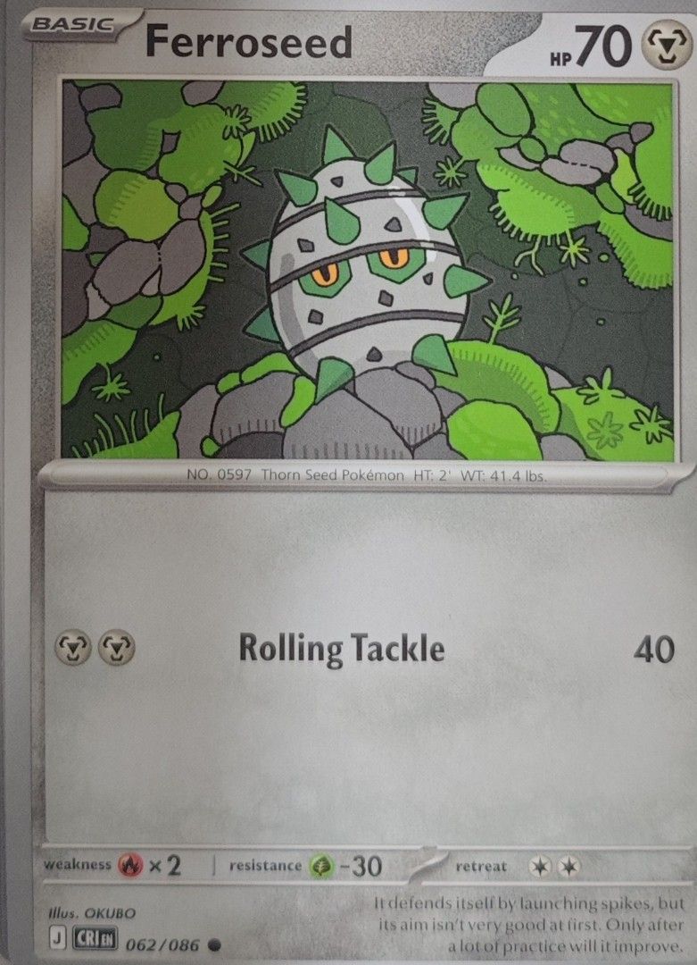 Ferroseed Pokemon Card 062/086 Basic HP 70 (Category: Raw Singles) located in Las Pinas. Submitted by funtoys18 (Listing ID 1460737691, Image 1). Description: - Ferroseed Pokemon Card - Card Number: 062/086 - Type: Basic - HP: 70 - Attack: Rolling Tackle (40 damage) - Weakness: x2 - Resistance: -30 - Ideal for collectors!.