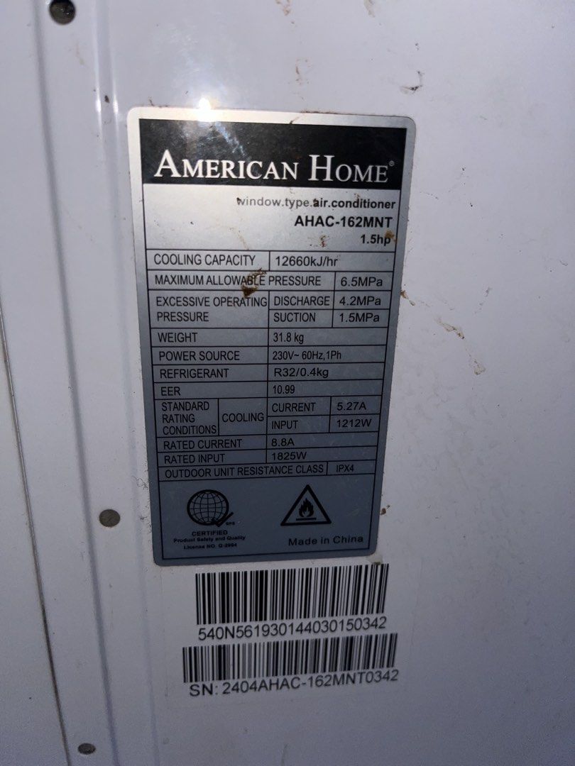 For sale (Category: Air Conditioning and Heating) located in Manila. Submitted by kiezzer (Listing ID 1460882880, Image 1). Description: ❄️ FOR SALE: American Home 1.5HP Window-Type Air Conditioner ❄️ Looking for a reliable aircon for your home or room? 🏠✨ Check out this American Home 1.5HP Window-Type AC! ✅ 1.5HP capacity ✅ Powerful cooling ✅ Perfect for bedrooms, living rooms, or small offices ✅ Window-type — easy to install ✅ Great for everyd