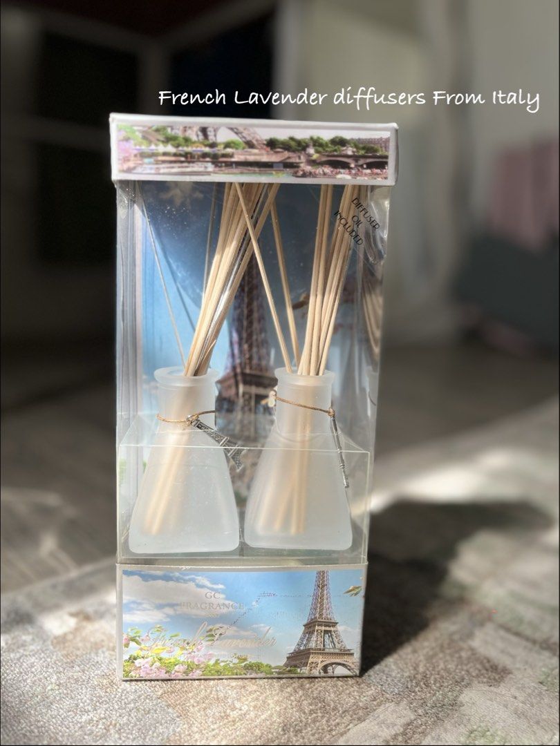 French Lavender Reed Diffusers From Italy - Eiffel Tower Design (Category: Home Fragrance) located in Valenzuela. Submitted by marinnette84771 (Listing ID 1460725380, Image 1). Description: - Set of 2 French Lavender reed diffusers - Made in Italy - Each bottle features a cute Eiffel Tower charm - Includes diffuser reeds and oil - Ideal for home fragrance - Packaging depicts a charming Paris scene Bought in Italy.