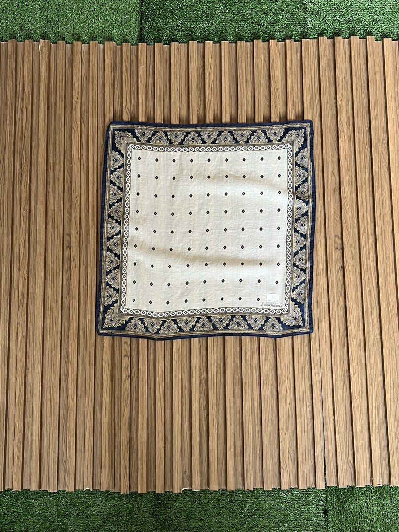 GIANNI VALENTINO - PAISLEY PATTERN HANDKERCHIEF (Category: Scarves) located in Bacolod City. Submitted by timelessbyjosh (Listing ID 1460899103, Image 2). Description: SIZE : ACTUAL COLOR : BLUE , GOLD & WHITE COLOR RATE : 10 OUT OF 10 CONDITION : EXCELLENT MATERIAL : MADE IN : FLAWS : NONE DIMENSIONS LENGTH - WIDTH - MEASUREMENT TAKEN WHILE LAYING FLAT..