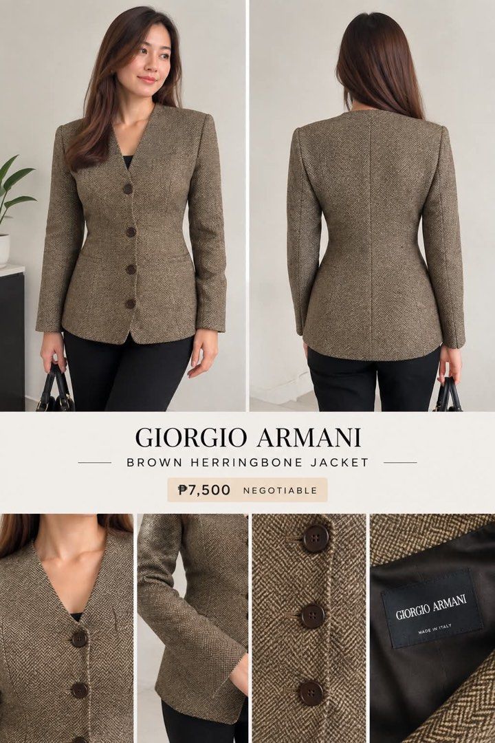 Giorgio Armani(authentic) (Category: Coats, Jackets and Outerwear) located in Caloocan City. Submitted by trebdy01 (Listing ID 1460742841, Image 1). Description: 🤎 GIORGIO ARMANI – TAILORED BLAZER/JACKET ✨ Made in Italy 🇮🇹 ✨ Elegant brown/taupe herringbone weave ✨ Beautifully tailored, fitted silhouette ✨ Classic button-front design ✨ Long sleeves with structured shoulders ✨ Front pockets ✨ Premium 57% virgin wool / 43% silk fabric ✨ Very good