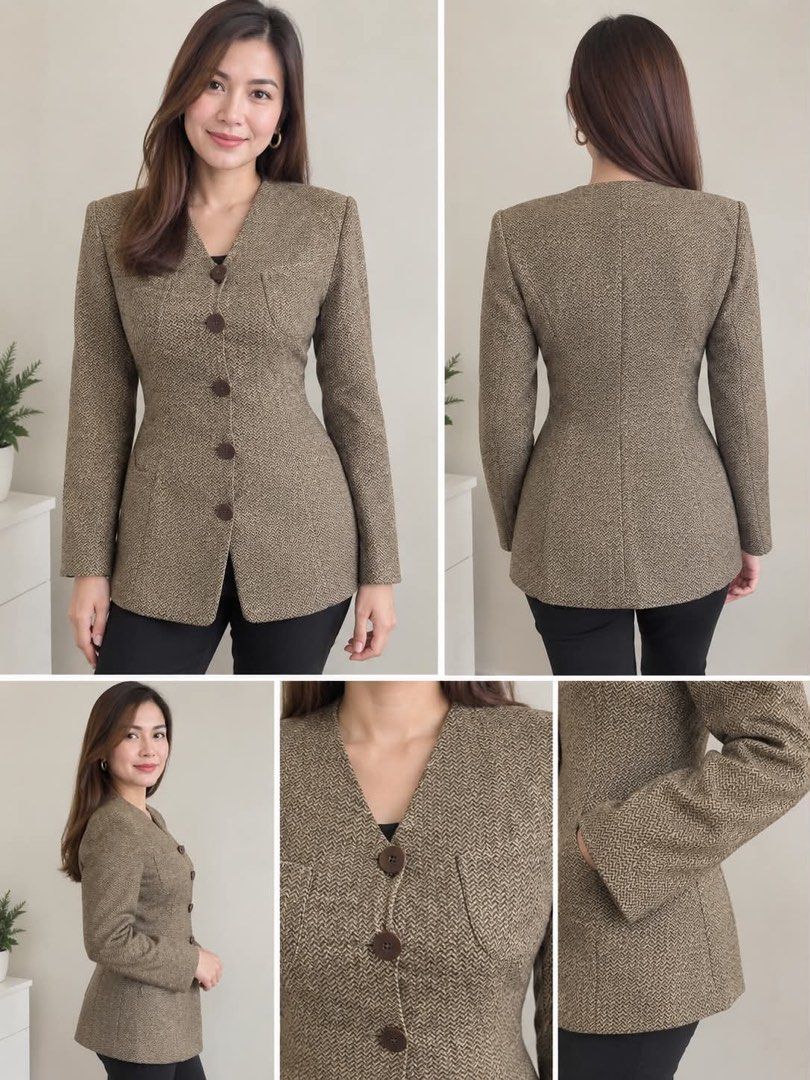 Giorgio Armani(authentic) (Category: Coats, Jackets and Outerwear) located in Caloocan City. Submitted by trebdy01 (Listing ID 1460742841, Image 2). Description: 🤎 GIORGIO ARMANI – TAILORED BLAZER/JACKET ✨ Made in Italy 🇮🇹 ✨ Elegant brown/taupe herringbone weave ✨ Beautifully tailored, fitted silhouette ✨ Classic button-front design ✨ Long sleeves with structured shoulders ✨ Front pockets ✨ Premium 57% virgin wool / 43% silk fabric ✨ Very good
