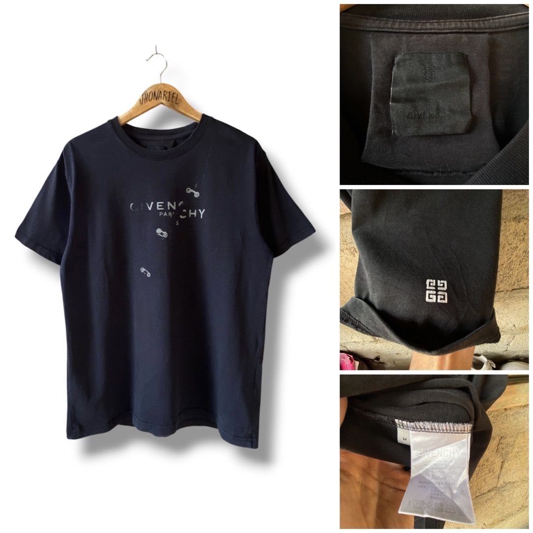 Givenchy Paris T-Shirt (Category: Luxury Apparel) located in Dapitan. Submitted by bolandojh07634 (Listing ID 1460871457, Image 2). Description: - Authentic Givenchy Paris black t-shirt - Size: Medium (M) - 21 width x 26 length - Features iconic Givenchy logo on the front - Includes the 4-G emblem detail on the sleeve - Please check photos for detailed condition.