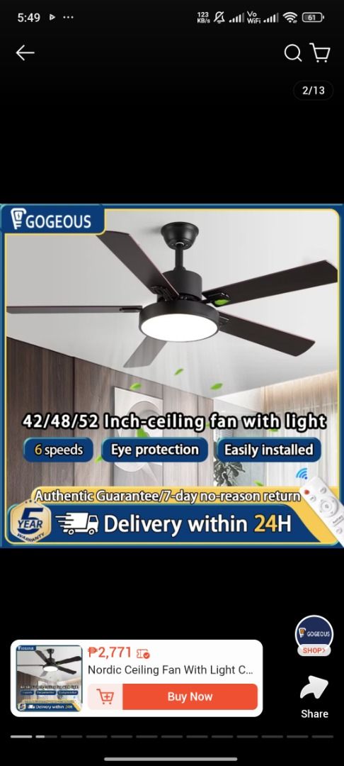 GOGEOUS 42/48/52 Inch Ceiling Fan with Light (Category: Fans) located in Caloocan City. Submitted by lara_15 (Listing ID 1460890915, Image 1). Description: Modern ceiling fan with integrated LED light. Available in 42, 48, and 52 inches. Features 6 speed settings and eye protection. Easy to install. Includes remote control. Delivery within 24 hours. Authentic guarantee with 7-day no-reason return..