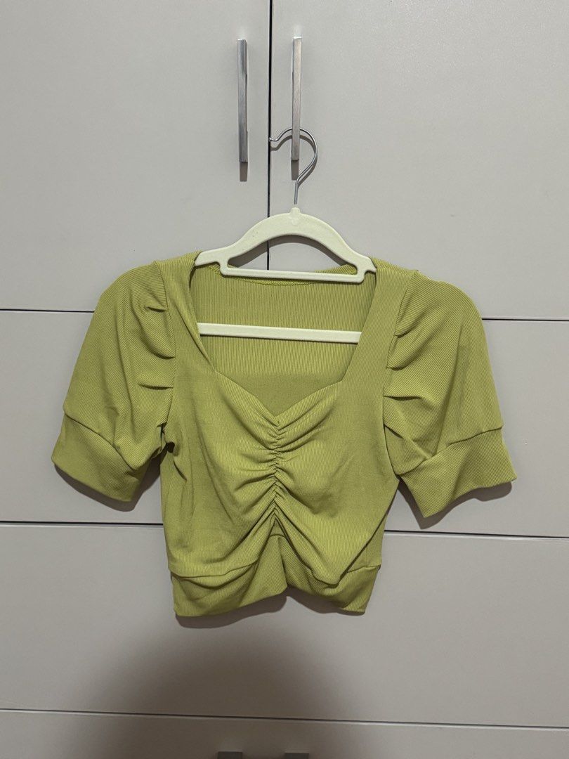 Green Ruched Puff Sleeve Square Neck Crop Top (Category: Blouses) located in Antipolo. Submitted by nyeahsells (Listing ID 1460784075, Image 1). Description: Pre-loved Size: S Color: Green Flaw: None RFS: decluttering Swipe photos to see more details about the item. Disclaimer: - All sales final (NO RETURN, NO EXCHANGE) - Our shop will not be liable for any damages due to mishandling by the courier - Please manage expectations - First to pay gets