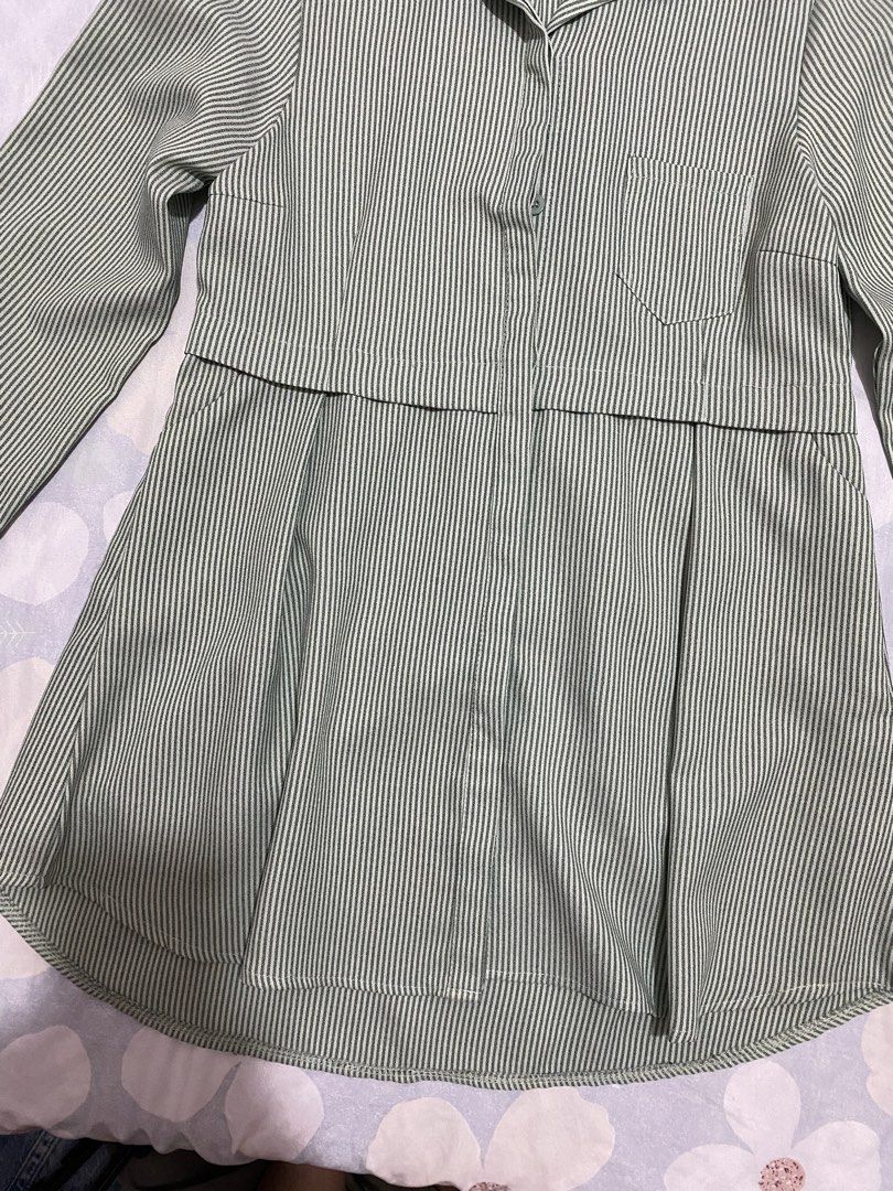 Green Striped Collared Long-Sleeve Dress (Category: Dresses) located in Tanza. Submitted by vhies_closet24 (Listing ID 1460868107, Image 3). Description: Pre-loved and gently used. Still in good condition. Classic collared style with long sleeves and green stripes—simple, classy, and easy to wear. 📌 Condition: Pre-loved / Good condition.
