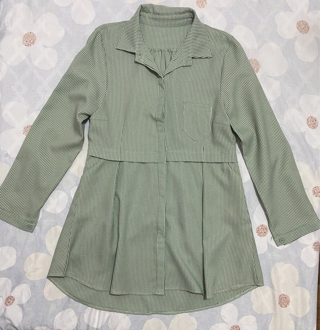 Green Striped Collared Long-Sleeve Dress (Category: Dresses) located in Tanza. Submitted by vhies_closet24 (Listing ID 1460868107, Image 1). Description: Pre-loved and gently used. Still in good condition. Classic collared style with long sleeves and green stripes—simple, classy, and easy to wear. 📌 Condition: Pre-loved / Good condition.