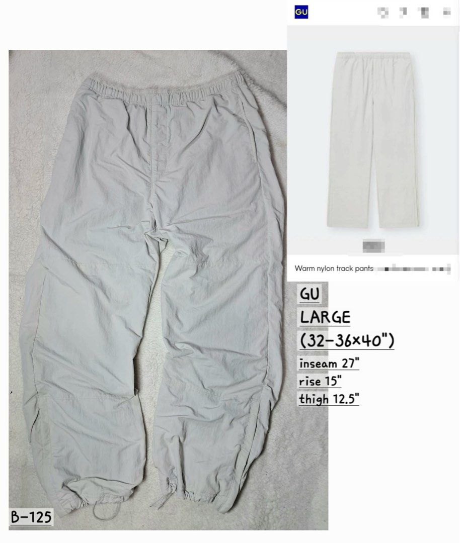 GU Warm Nylon Outdoor Pants Large Grey (Category: Joggers) located in Baguio. Submitted by padisellsz (Listing ID 1460820813, Image 1). Description: - GU Warm Nylon Track Pants - Very good condition - Size: Large - Fits Waist: 32-36 inches - Inseam: 27 inches - Rise: 15 inches - Thigh: 12.5 inches - Features: Zippered pocket, elastic waistband with drawstring, cuffed ankles with drawstring - Material: Lined with fleece for ultimate warmth - May l