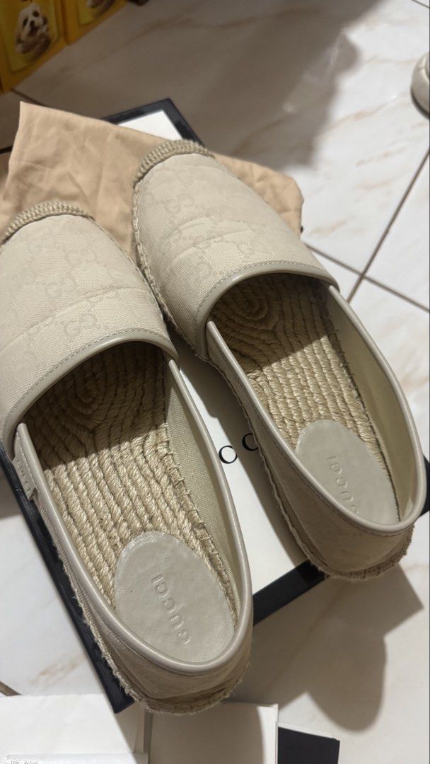 GUCCI GG CANVAS ESPADRILLES (Category: Flats & Sandals) located in Pasig City. Submitted by lalalagorg (Listing ID 1460786045, Image 3). Description: Decluttering my preloved Gucci GG Canvas Espadrilles in beige/cream 🤍 ✨ Classic Gucci GG monogram canvas ✨ Espadrille/jute sole ✨ Comes with original Gucci box + dust bags + receipt ✨ Preloved / gently used ✨ Please see photos for actual condition — soles show signs of use.